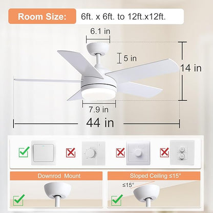 YUHAO 44 Inch White Ceiling Fan with Light and Remote Control.Noiseless,Dimmable,3CCT,6 Speeds Reversible, DC Ceiling Fans for Indoor or Covered Outdoor Use.ETL Listed