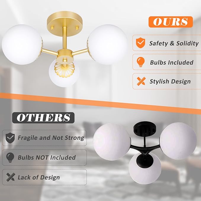 3 Lights Gold Chandelier Mid Century Modern Light Fixture, Gold Semi Flush Mount Ceiling Light with Frosted Globe Glass for Living Room, Bedroom, Nursery Room & Office Ceiling Light (Bulbs Included)