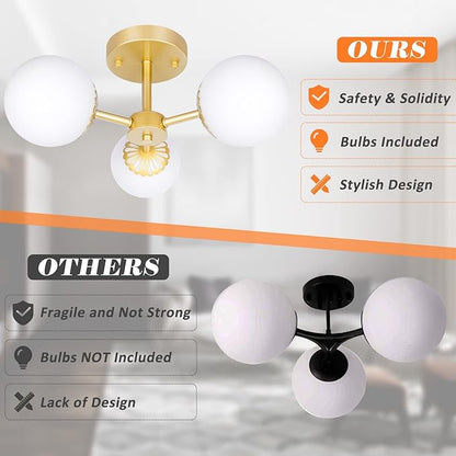 3 Lights Gold Chandelier Mid Century Modern Light Fixture, Gold Semi Flush Mount Ceiling Light with Frosted Globe Glass for Living Room, Bedroom, Nursery Room & Office Ceiling Light (Bulbs Included)