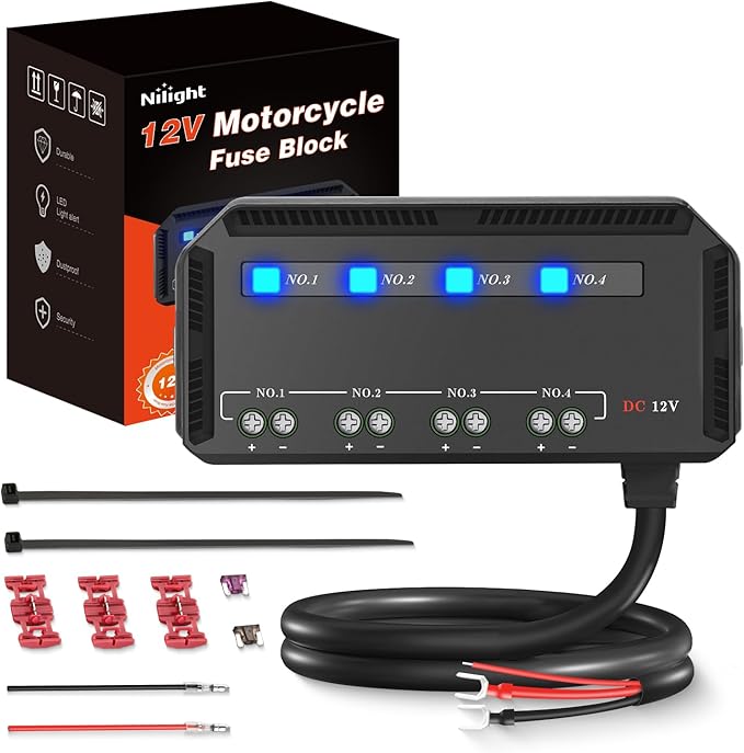 Nilight 12V Motorcycle Fuse Box 20A Low Profile Terminal Block Holder w/LED Indicator 4 Circuits Protection Battery Relay for Cars Motorcycles ATV UTV 12 Volt Vehicles