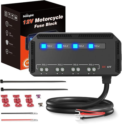 Nilight 12V Motorcycle Fuse Box 20A Low Profile Terminal Block Holder w/LED Indicator 4 Circuits Protection Battery Relay for Cars Motorcycles ATV UTV 12 Volt Vehicles