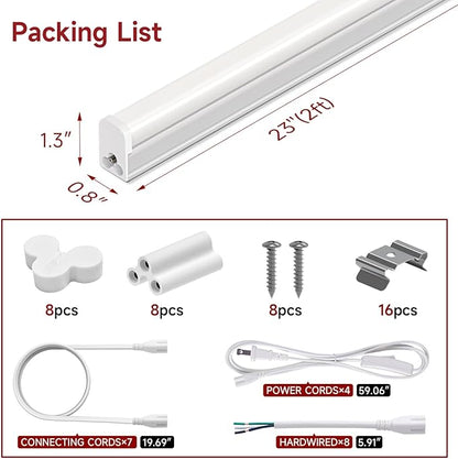 8 Pack T5 LED Shop Light 2FT, 10W, 5000K, 1100LM Super Bright, Linkable Under Cabinet Lighting, Easy Installation Ceiling Fixture for Workshop, Basement, Garage, DIY Projects