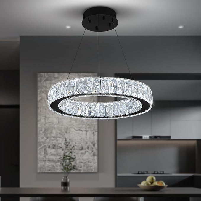 Modern 23.6'' Ring Crystal Chandelier Adjustable LED Ring Pendant Light Dimmable Black Round Crystal Chandelier Light for Dining Room Living Room
