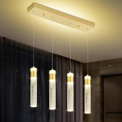 4-Light Gold Pendant Lights Kitchen Island Modern LED Gold Crystal Column Chandeliers Dimmable Crystal Ceiling Light for Dinning Room Living Room 32W