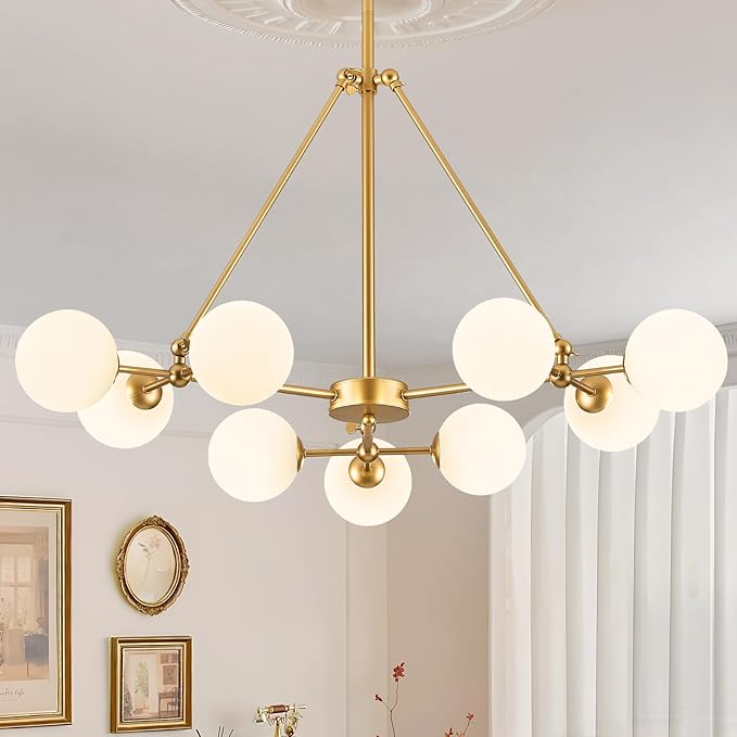 CATINER Modern Gold Sputnik Chandeliers L40”9-Lights Mid Century Ceiling Pendant Lighting Fixtures with Milk Glass Globe Shades for Foyer Entryway Kitchen Bedroom Living Dining Room