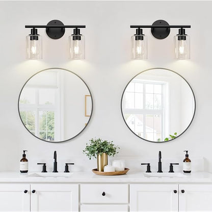 Zarbitta 2-Light Bathroom Light Fixtures, Black Modern Vanity Lights with Clear Glass Shade, Bathroom Wall Lamp for Mirror Kitchen Living Room Hallway Cabinet Porch