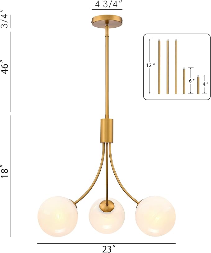 Bubble Chandelier, Modern Glass Gold Sputnik Chandelier 3-Light Ceiling Light Fixture Shades Stylish Bright Lighting for Dining Room Kitchen Bedroom Living Room Foyer Home Decor