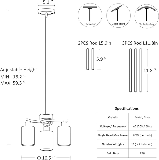 CNRATYE 3-Light Brushed Nickel Pendant Lighting for Kitchen Island, Hanging Dining Room Light Fixtures Over Table, Industrial Chandelier for Entryway Hallway Foyer Bedroom, Clear Glass Shade