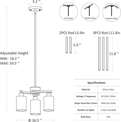 CNRATYE 3-Light Brushed Nickel Pendant Lighting for Kitchen Island, Hanging Dining Room Light Fixtures Over Table, Industrial Chandelier for Entryway Hallway Foyer Bedroom, Clear Glass Shade