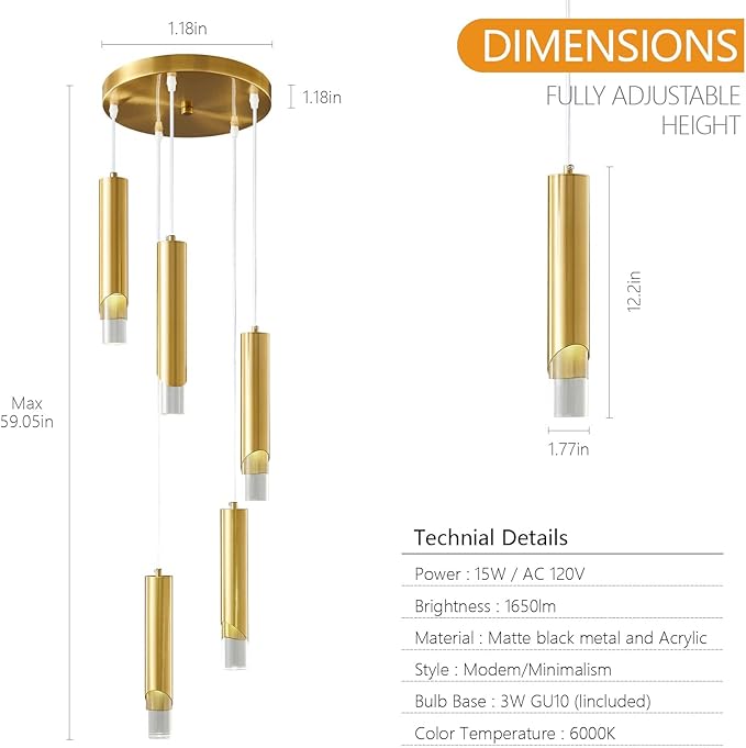 Modern Pendant Light Kitchen Light Fixture Dimmable LED Gold Mini Pendant Lights Dinning Room Gold Pendant Lighting for Kitchen Island Bedroom (5-Light)
