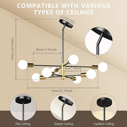 Modern Sputnik Chandelier, Ceiling Light Fixture Flush Mount 8-Light Black and Gold Chandeliers for Living Room Bedroom Dining Room Kitchen, Mid Century Chandeliers, E26 Base,(Bulbs Not Included)