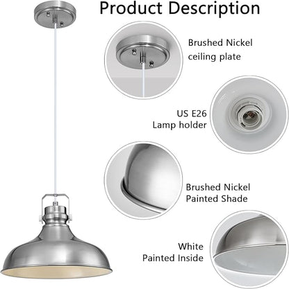 Brushed Nickel Farmhouse Pendant Lights Matte Pendant Lighting for Kitchen Island Industrial Adjustable Height Vintage Dome Hanging Light Fixtures for Barn, Dining Room 3 Packs