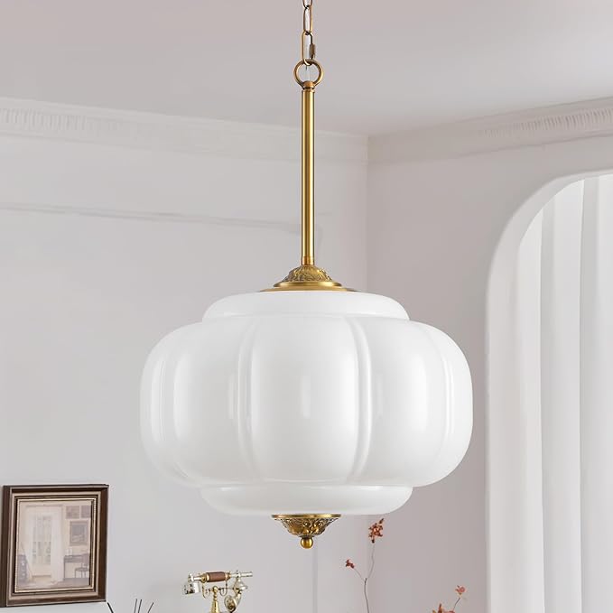 Milk Glass Pendant Light, 15in Large Schoolhouse Light Fixture, LED Bulb Included, Vintage Art Deco Chandelier for Kitchen Island Dining Room Bedroom Hallway, White & Antique Gold 1 Pack