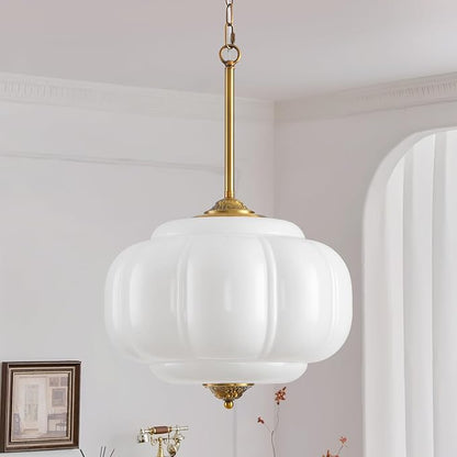 Milk Glass Pendant Light, 15in Large Schoolhouse Light Fixture, LED Bulb Included, Vintage Art Deco Chandelier for Kitchen Island Dining Room Bedroom Hallway, White & Antique Gold 1 Pack