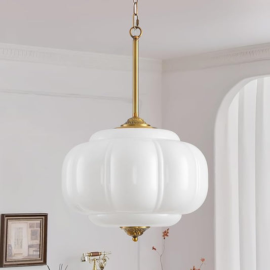 Milk Glass Pendant Light, 15in Large Schoolhouse Light Fixture, LED Bulb Included, Vintage Art Deco Chandelier for Kitchen Island Dining Room Bedroom Hallway, White & Antique Gold 1 Pack