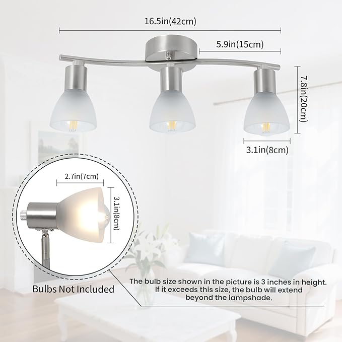 3-Light Nickel-Finish Track Lighting Fixture with Adjustable Directional Heads and Frosted Glass Shades – Ideal for Kitchen, Hallway, Living Room & Bathroom Vanity Lighting (Bulbs Not Included)