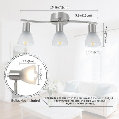 3-Light Nickel-Finish Track Lighting Fixture with Adjustable Directional Heads and Frosted Glass Shades – Ideal for Kitchen, Hallway, Living Room & Bathroom Vanity Lighting (Bulbs Not Included)