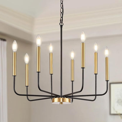 Modern Black and Gold Chandelier for Dining Room, 8-Light Metal Farmhouse Dining Room Light Fixtures Hanging Candle Chandelier Lighting for Kitchen, Living Room, Foyer, Entryway, Bedroom