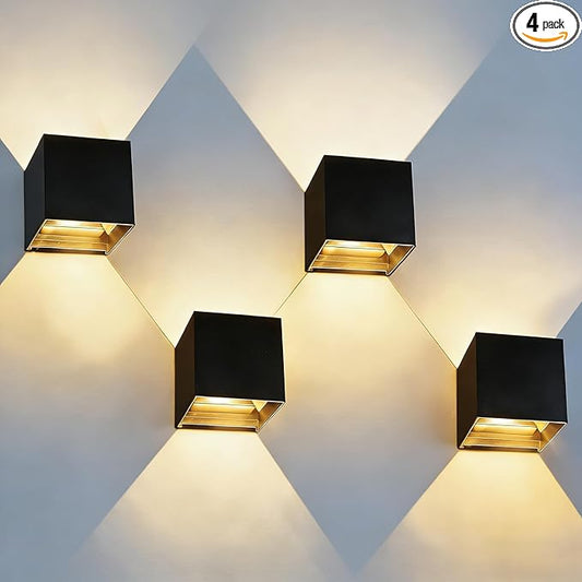 Mille Lucciole 12W 4Pack Outdoor Wall Lights Exterior/Interior,LED Black Outdoor Wall Sconces Light Fixtures Modern,IP65 Waterproof Square Aluminum Wall Lamps, Up and Down Lights 3000K Warm Lights