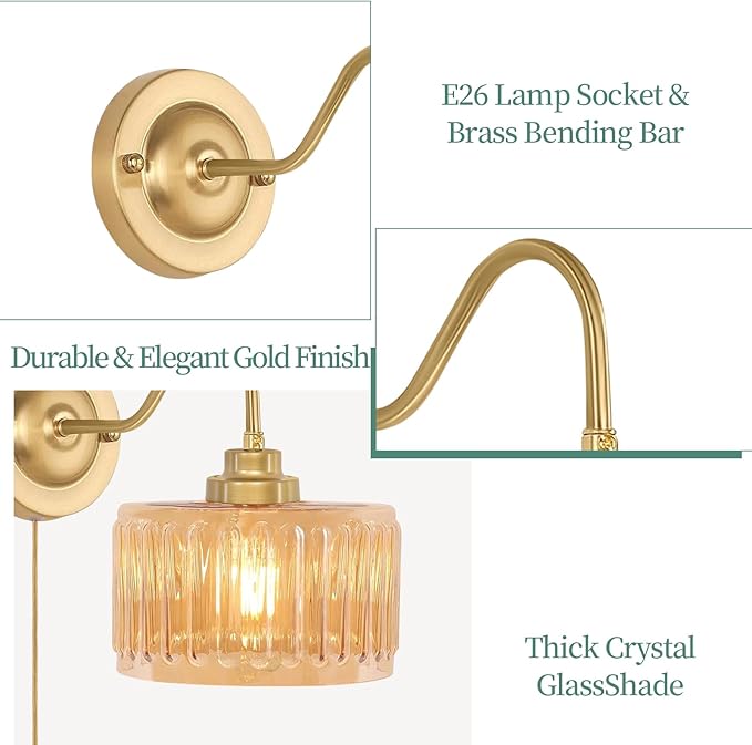 ZECOXOL Vintage Plug in Wall Sconces,Dimmable Wall Sconces of Two,Wall Lamps with Plug in Cord & Flower Glass Lampshade,Gold Sconces Wall Decor Set of 2 Wall Lights Sconces for Bedroom