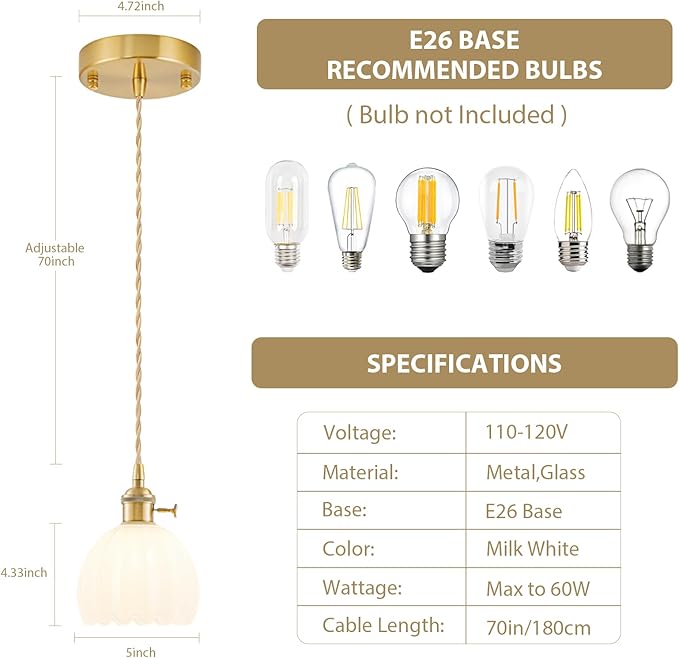 Mini Pendant Lights Kitchen Island, Small Adjustable Pendant Light Fixture with Milk White Tulip Glass Lampshade, Vintage Gold Pendant Lighting, Pendant Light for Bedroom Dining Room Hallway