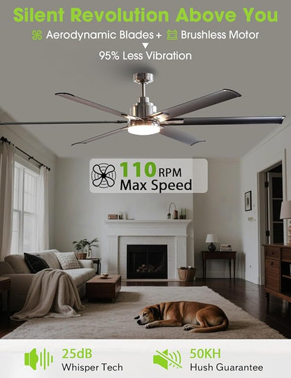 72-Inch DC Motor Ceiling Fan with LED Light, 6 Black Aluminum Blades, Remote Control, Reversible, Energy Efficient Large Indoor/Outdoor Ceiling Fan for Living Room, Patio