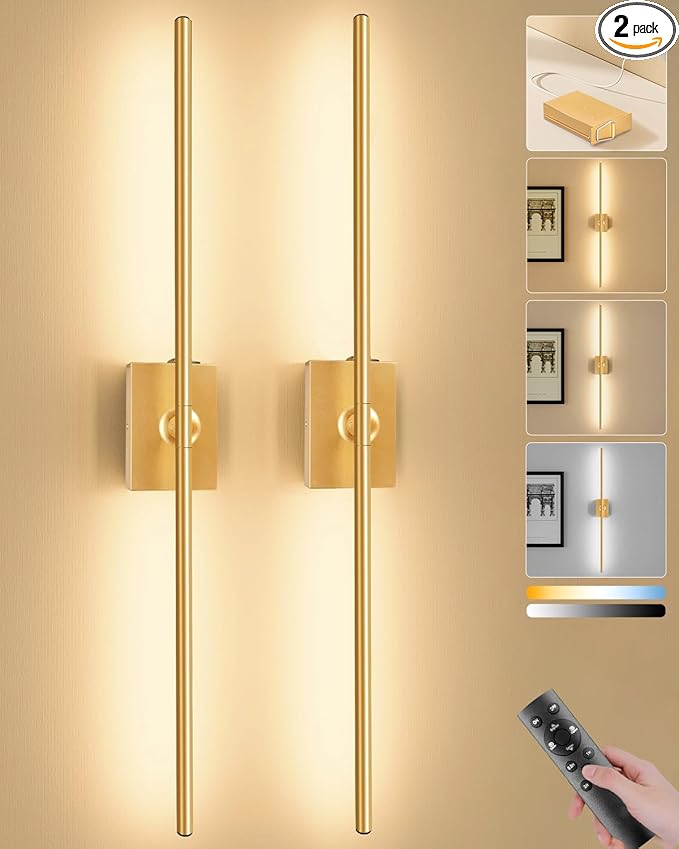 Ouyulong Battery Operated Wall Sconces Set of 2, 10000mAh Wireless Rechargeable 3000-6000K Dimmable 350° Rotate Wall Light with Remote for Living Room, Bedroom 31.6in Gold