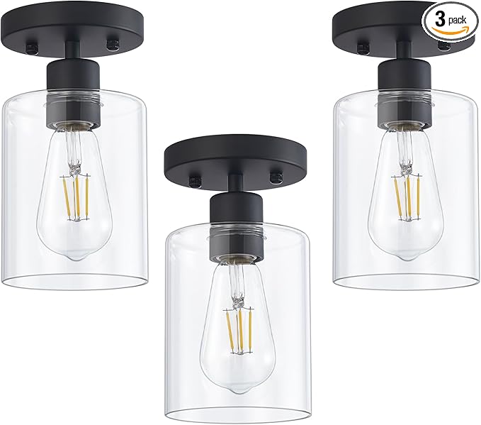 YYT Small Kitchen Ceiling Lights Black Hallway Light Fixtures Hallway Light Fixtures Ceiling Black 1-Light Semi Flush Mount Ceiling Light Single Light Fixture with Clear Glass Shade Pack of 3