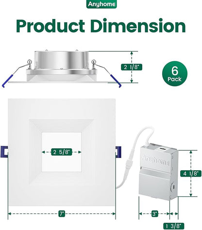 6 Pack 6 Inch Square Ultra-Thin Led Recessed Lighting,Recessed Led Downlight with Junction Box,5CCT 2700K-5000K Dimmable,with Baffle Anti-Glare,11W 900LM,ETL & ES