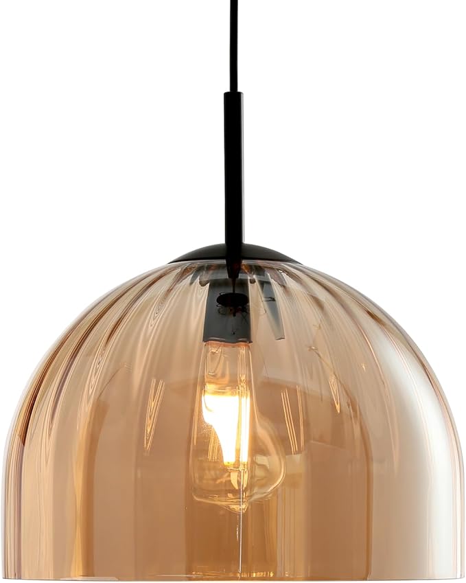 Modern Dome Pendant Lighting Fixture Kitchen Island, 11.8 Inch Large Boho Chandelier, Rustic Farmhouse Industrial Hanging Lamp Ceiling Lights with Amber Glass Bell Lampshade