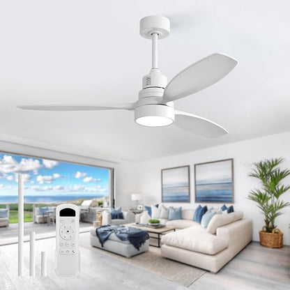 Sofucor White Ceiling Fan with Lights and Remote, 52 Inch Modern Wood DC Motor Ceiling Fan with Downrods, for Farmhouse Bedroom Living Room Dining Room Patio Porch, Reversible, 3 Blades