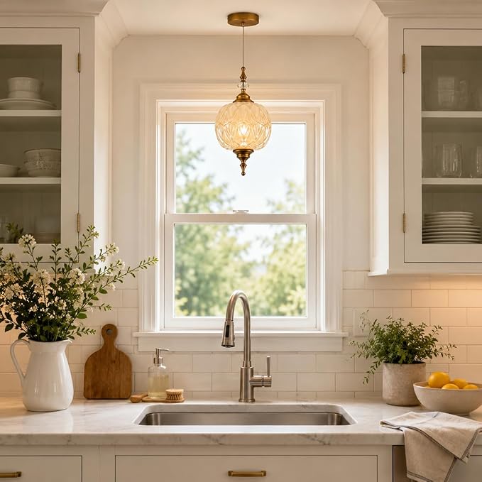 Vintage White Glass Pendant Lights 8.3 inch Pendant Lighting Fixture with E26 Bulb for Bedroom Living Room Dining Room Kitchen Island Hallway
