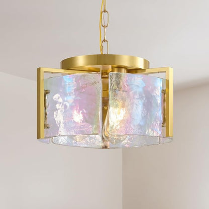 Gold Glass Chandelier for Dining Room,3 Light Pendant Lighting Modern Kitchen Chandeliers Over Table Drum Light Fixture Ceiling Hanging Round Chandelier for Bedroom Living room Entryway Foyer Bathroom