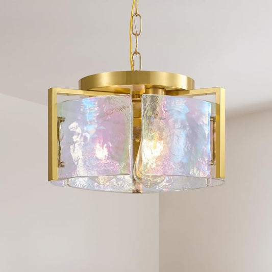 Gold Glass Chandelier for Dining Room,3 Light Pendant Lighting Modern Kitchen Chandeliers Over Table Drum Light Fixture Ceiling Hanging Round Chandelier for Bedroom Living room Entryway Foyer Bathroom