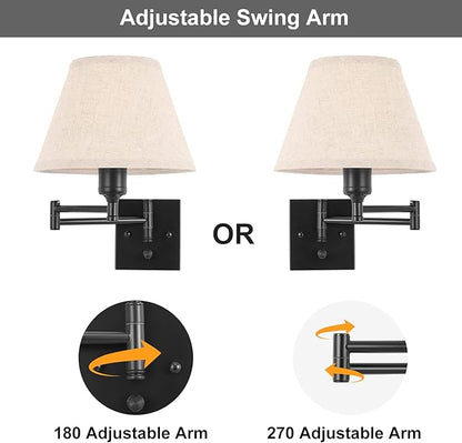 TRLIFE Wall Sconce with Remote Control, Dimming 10%-100% and Adjustable Color Temperature 2700K-6500K Swing Arm Wall Lights with Plug in Cord, 9.4" Medium Beige Fabric Shade(2 Pack, 2 Bulbs Included)