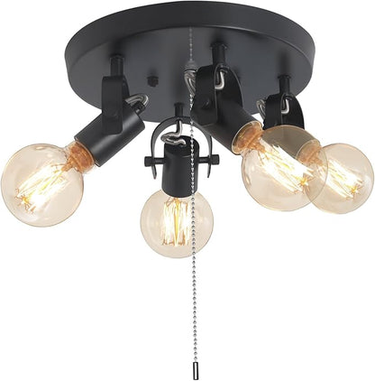 4 Light Flush Mount Ceiling Light with Pull Chain, Industrial Kitchen Ceiling Light with Rotatable Light Head,Black Pull Chain Ceiling Spotlight for Bedroom Hallway Kitchen Laundry