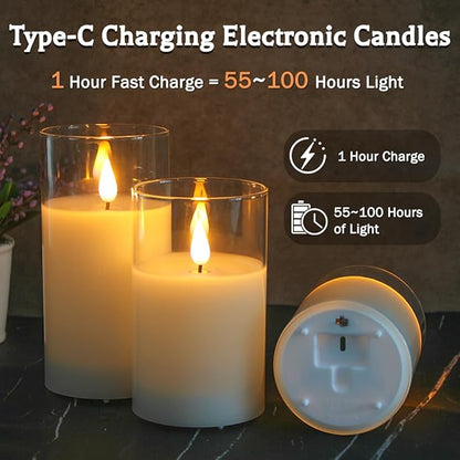 Rechargeable Flameless Glass Pillar Candles–Gifts for Women,–Set of 3, Realistic Flickering LED Light,Remote & Timer, Ideal for Living Room, Bedroom & Festival Wedding Home Party Decor