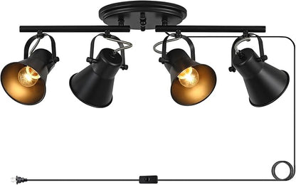 Modern Plug-in Ceiling Lighting,4 Light Track Lighting Fixtures, Industrial Black Kitchen Track Lighting Fixtures Ceiling for Kitchen, Living Room, Dining Room, Hallway.
