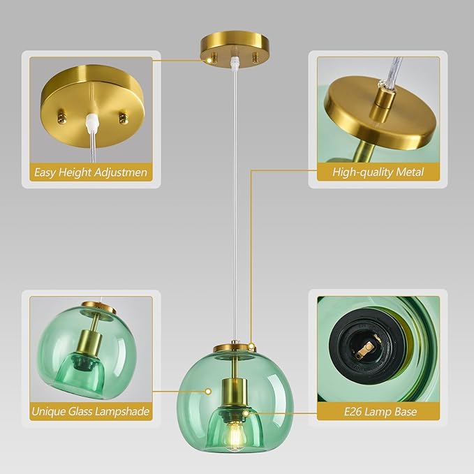 Light Green Glass Pendant Lights Kitchen Island Gold Hanging Light Fixture Glass Globe Pendant Light Modern Pendant Lighting for Kitchen Island Bedroom Dining Room (7.87", 2 Pack)