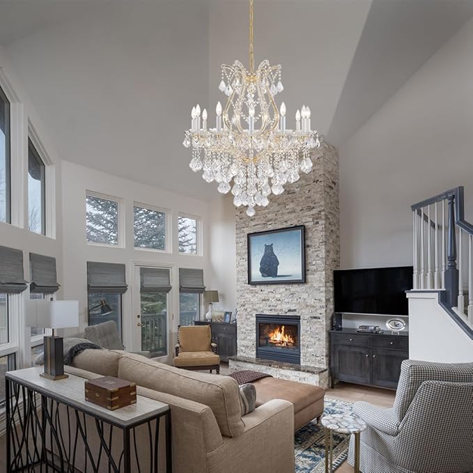 Large Gold Modern Crystal Chandelier Light Fixtures - 12 Maria Theresa Crystal Lights Pendant Light Foyer Chandelier Fixtures for Staircase Hallway Living Room Entryway