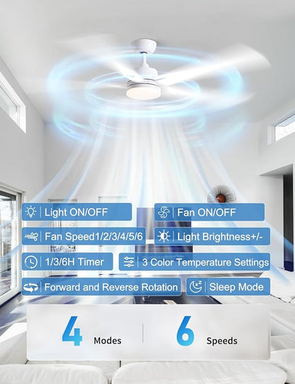 Rayqueen 60 Inch Ceiling Fans with Lights and Remote, 6 Speed Reversible DC Motor, 3CCT Dimmable LED, 5 Blades, White Modern Ceiling Fan for Bedroom, Living Room & Covered Outdoor, Includes Downrod