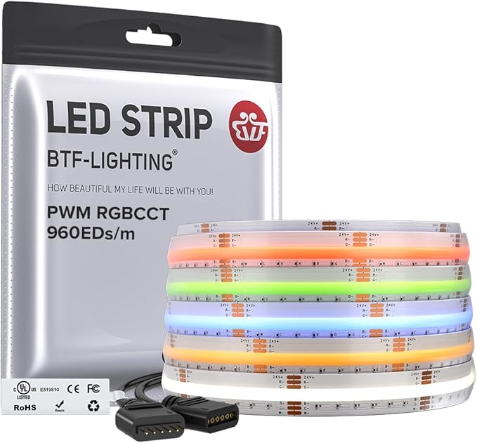 BTF-LIGHTING FCOB COB RGBCCT Color Changing LED Strip IP66,UL Listed 960LED/m High Density 16.4FT RGB+Tunable White 3000K-6000K DC24V 12mm Width Flexible Light for Home Decor(No Adapter & Controller)