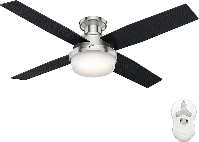 Hunter 52 inch Indoor Ceiling Fan with LED Light and Remote Control - Modern Ceiling Fan, Low Profile Mount, 4 Black Oak Blades, For Bedroom, Living Room, or Kitchen - Dempsey 59241, Brushed Nickel