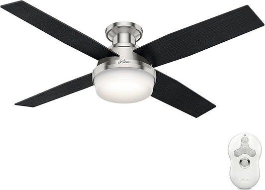 Hunter 52 inch Indoor Ceiling Fan with LED Light and Remote Control - Modern Ceiling Fan, Low Profile Mount, 4 Black Oak Blades, For Bedroom, Living Room, or Kitchen - Dempsey 59241, Brushed Nickel