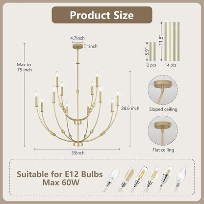 35" Large Chandeliers for Dining Room, Modern Gold 12-Lights Candle Style 2-Tiers Hanging Light Fixture for High Ceiling Living Room Foyer Staircase