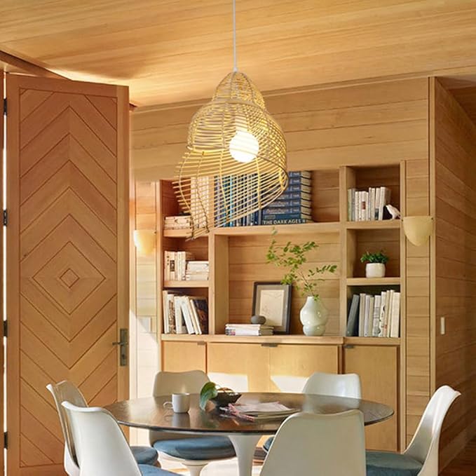 Retro Conch Pendant Lamp Hand Woven Ceiling Lighting Weave Bamboo Rattan E26 Hanging Light Fixture Retro Japanese Wicker Lamp Shade for Bedroom Restaurant Cafe Brown