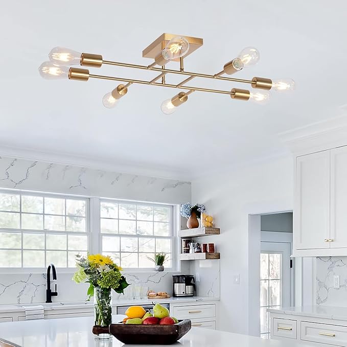 8 Light Modern Kitchen Ceiling Lighting Fixture, Mid Century Brushed Brass Semi Flush Mount Low Ceiling Living Room Light fixtures for Dining Room Bedroom Foyer Basement