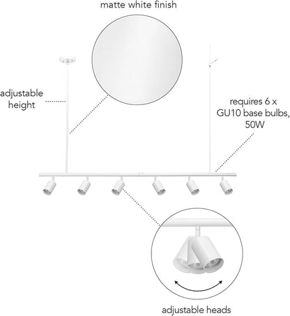 Globe Electric 64000124 55" 6-Light Adjustable Height Track Lighting, Matte White, Pivoting Heads, Modern Ceiling Light for Kitchen, Hallway or Dining Room, Dimmer Switch Compatible