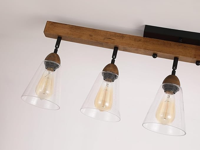 5-Light Large Rustic Farmhouse Wood Flush Mount Ceiling Light Fixture Clear Seeded Glass Shade and Oak Wood Track Semi Flush Mount Ceiling Light for Kitchen Living Room Bedroom Indoor, Black