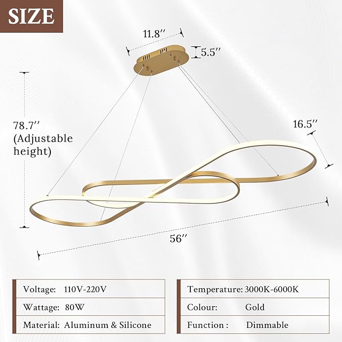 Modern LED Chandelier Gold Dimmable LED Pendant Light for Dining Room Light Fixture Over Table Modern Kitchen Island Lighting High Ceiling with Remote for Living Room(56 Inch, 3000K-6500K)